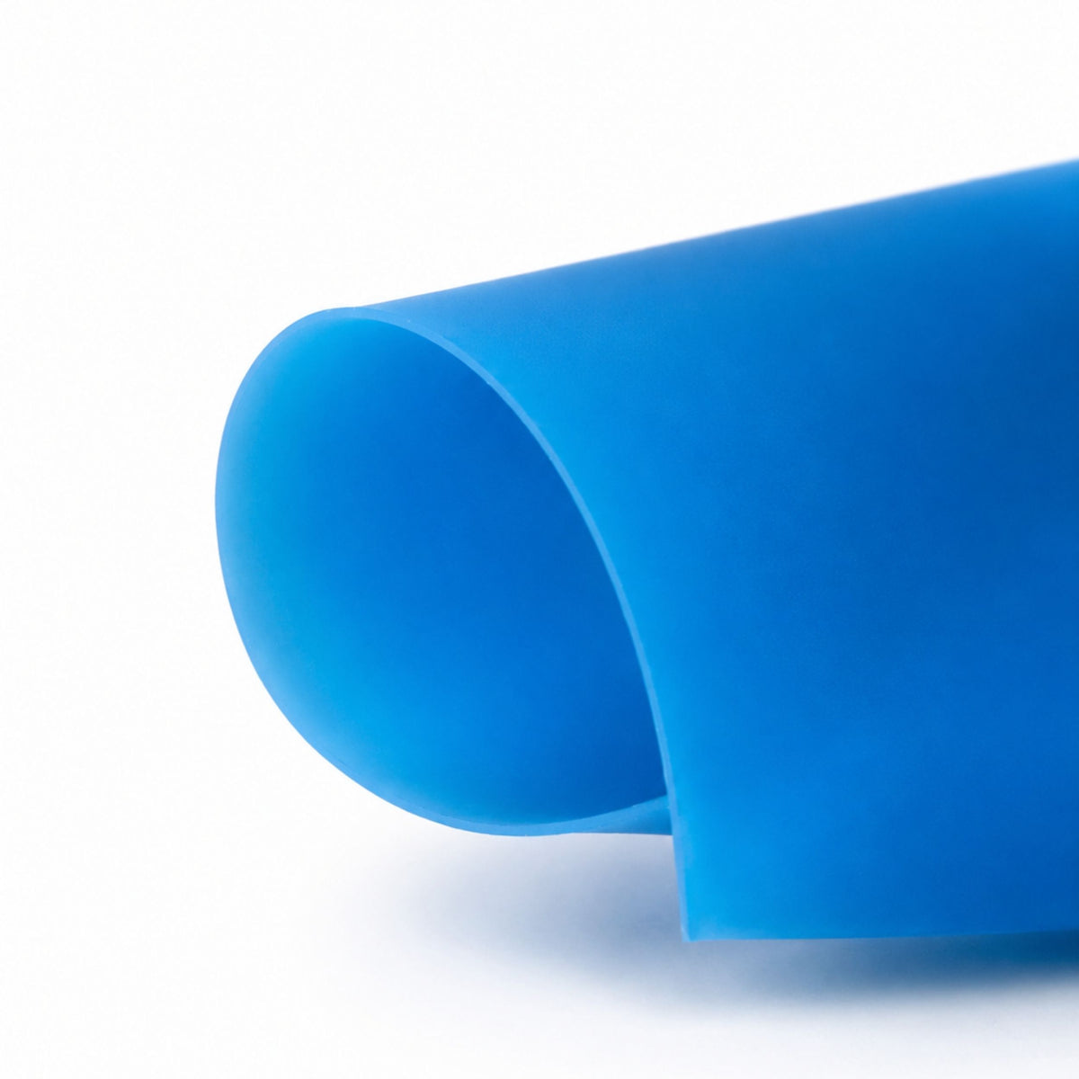 A close-up of a Bondi blue minukini, curled at the edge, photographed on a clean white background.